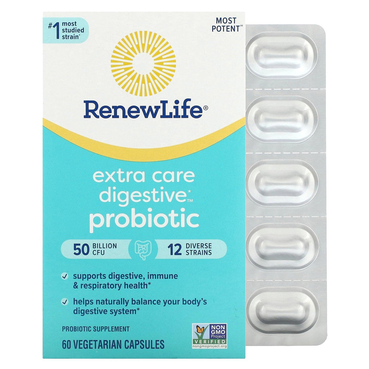 Renew Life, Extra Care Digestive Probiotic, 50 Billion CFU, 60 Vegetarian Capsules - Supply Center USA