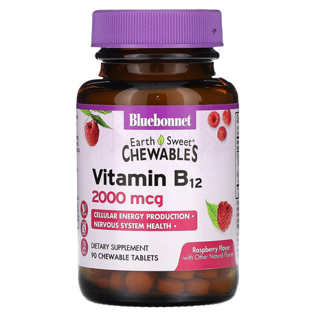 Bluebonnet Nutrition, EarthSweet Chewables, Vitamin B12, Raspberry , 2,000 mcg, 90 Chewable Tablets - Supply Center USA