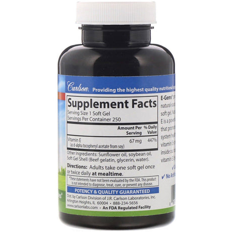 Carlson Labs, E-Gems, 67 mg (100 IU), 250 Softgels - Supply Center USA