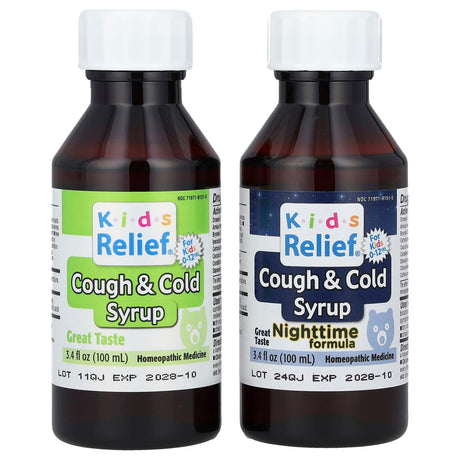 Homeolab USA, Kids Relief®, Cough & Cold Syrups, Daytime & Nighttime Formula, 0-12 Yrs, 2 Bottles, 3.4 fl oz (100 ml) Each - Supply Center USA