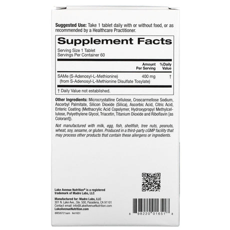 Lake Avenue Nutrition, SAMe ( Disulfate Tosylate), 400 mg, 60 Enteric Coated Tablets - Supply Center USA