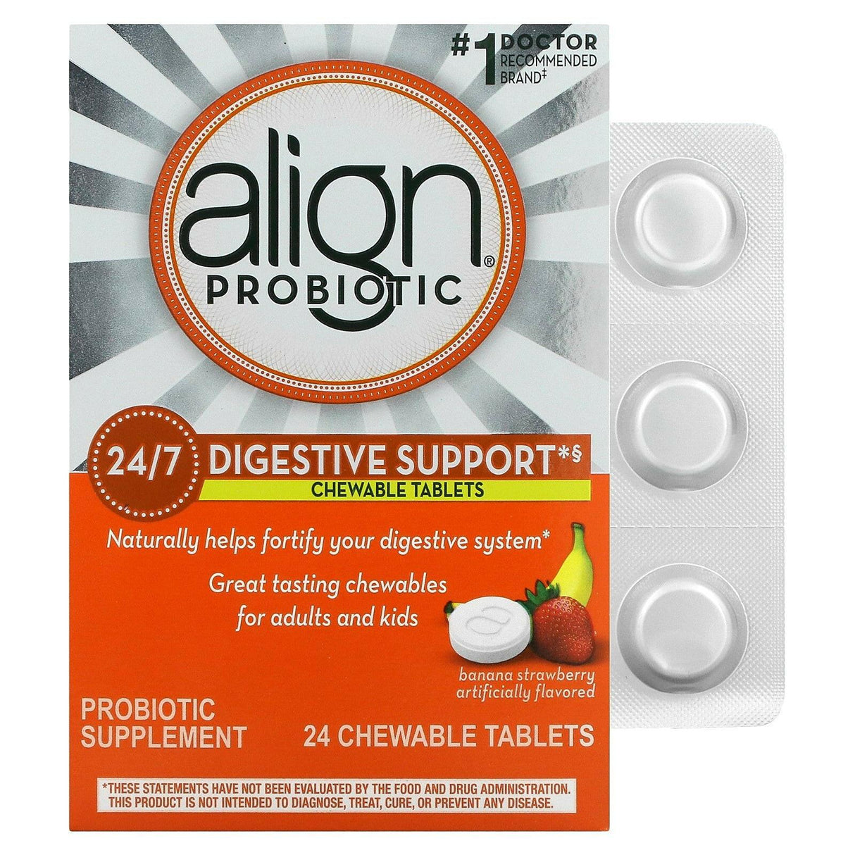 Align Probiotics, 24/7 Digestive Support, Banana Strawberry, 24 Chewable Tablets - Supply Center USA