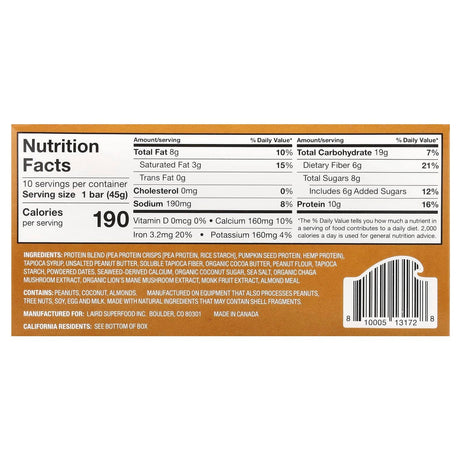 Laird Superfood, Protein Bar + Adaptogens, Peanut Butter, 10 Bars, 1.6 oz (45 g) Each - Supply Center USA