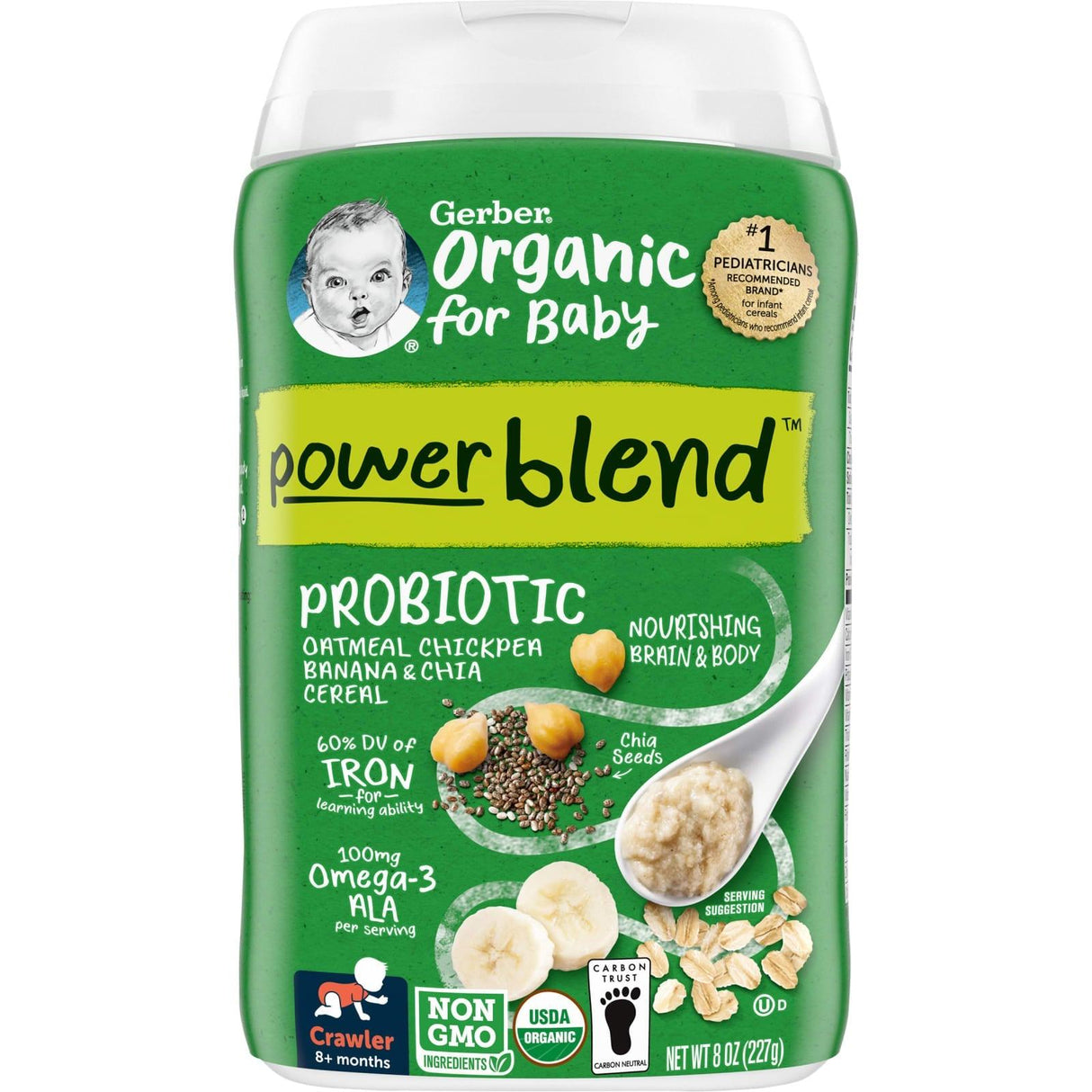 Gerber, Organic for Baby, Powerblend , 8+Months, Probiotic Oatmeal Chickpea, Banana & Chia Cereal, 8 oz (227 g) - Supply Center USA