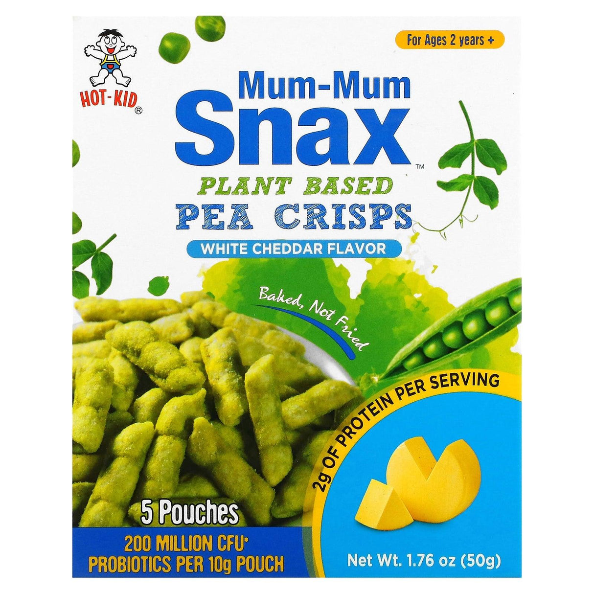 Hot Kid, Mum-Mum Snax, Baked Pea Crisps, Ages 2 Years+, White Cheddar, 5 Pouches, 10 g Each - Supply Center USA