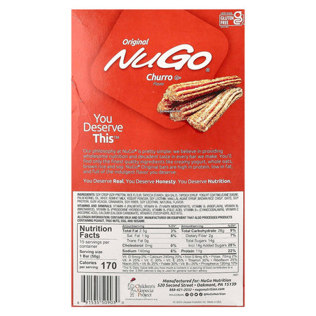 NuGo Nutrition, Original, Protein Bars, Churro , 15 Bars,1.76 oz (50 g) Each - Supply Center USA