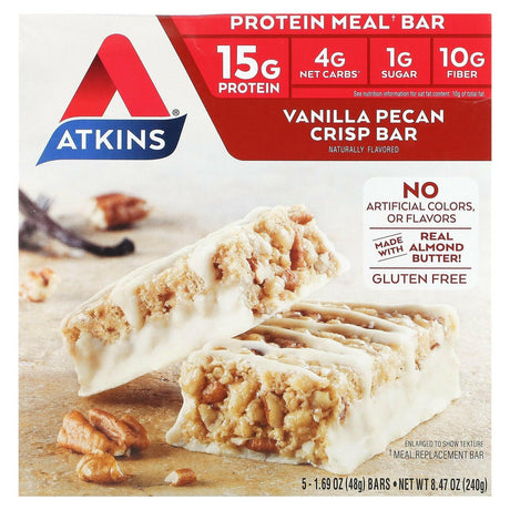 Atkins, Protein Meal Bar, Vanilla Pecan Crisp Bar, 5 Bars, 1.69 oz (48 g) Each - Supply Center USA