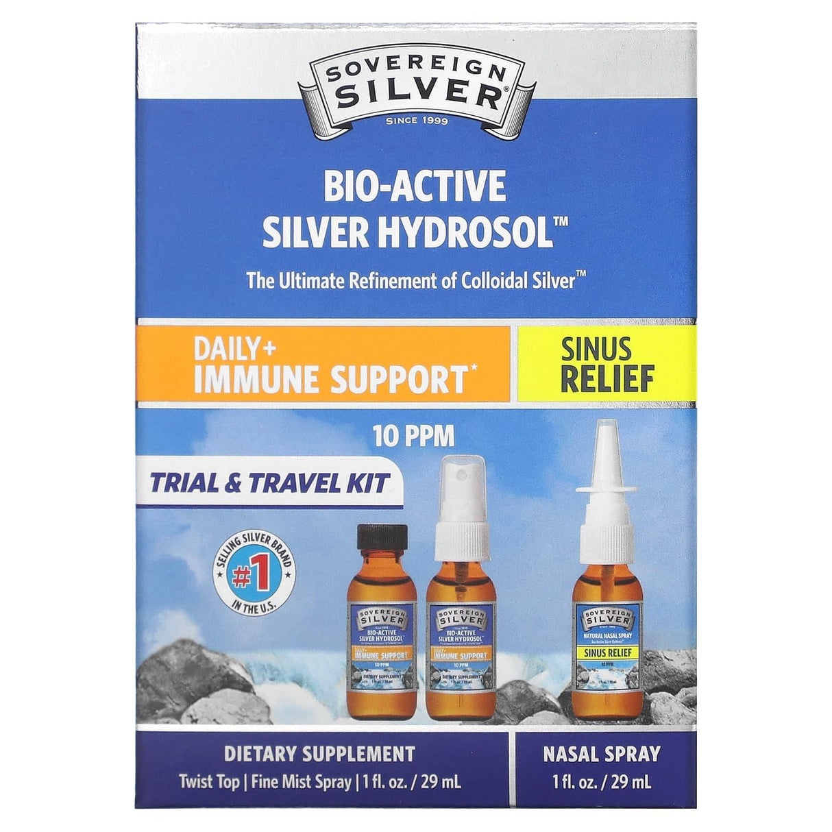 Sovereign Silver, Bio-Active Silver Hydrosol, Daily + Immune Support, Sinus Relief, Trial & Travel Kit, 10 PPM, 3 Piece Kit, 1 fl oz (29 ml) Each - Supply Center USA