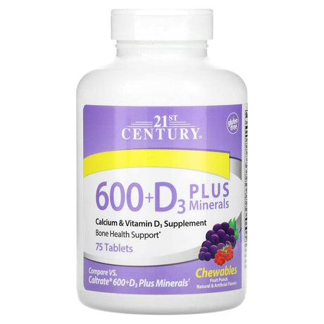 21st Century, 600 + D3 Plus Minerals, Fruit Punch, 75 Chewable Tablets - Supply Center USA