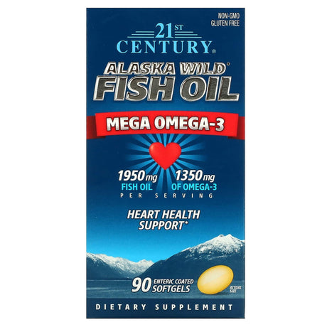 21st Century, Alaska Wild Fish Oil, Mega Omega 3, 1950 mg /1350 mg, 90 Enteric Coated Softgels - Supply Center USA