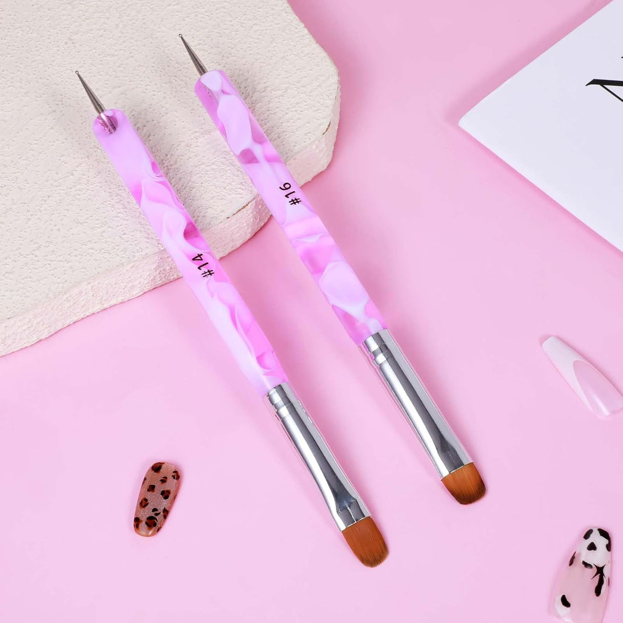French Gel Acrylic Nail Art Brush & Dotting Tool, Premium 2 Way French Nail Art Kolinsky Brush for Professional Manicure Cuticle Clean up Nail Art Design French Tips Brushes (Size 14 & 16)