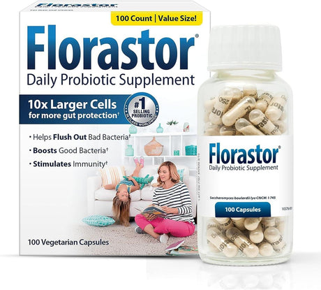 Florastor Probiotics for Digestive & Immune Health, 100 Capsules, Probiotics for Women & Men, Dual Action Helps Flush Out Bad Bacteria & Boosts the Good with Our Unique Strain Saccharomyces Boulardii - Supply Center USA