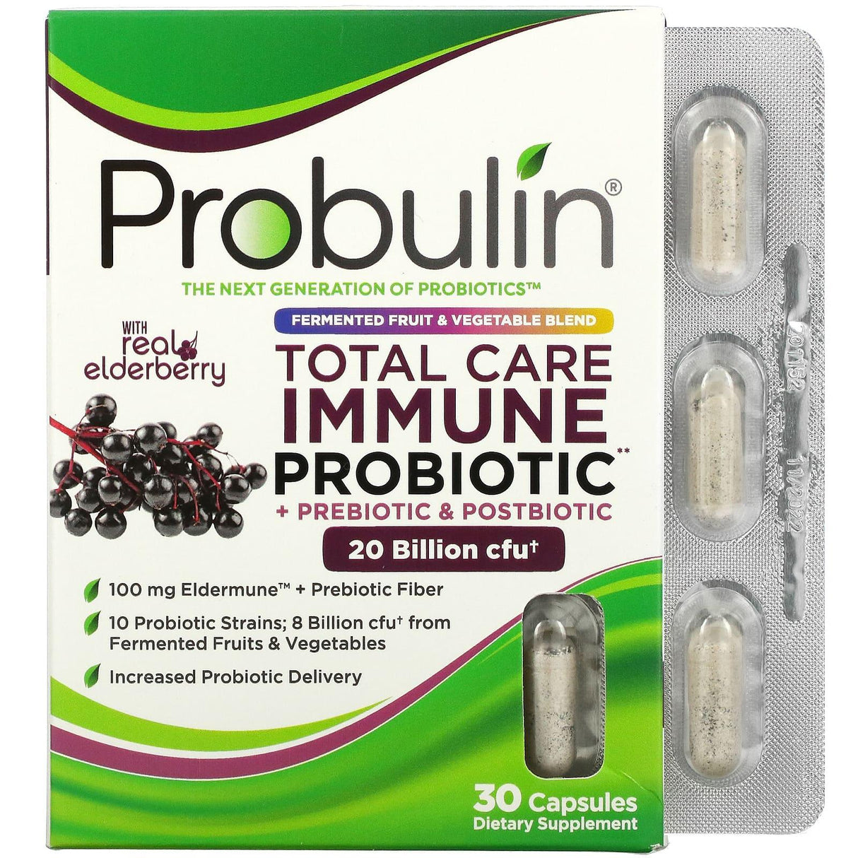 Probulin, Total Care Immune Probiotic + Prebiotic & Postbiotic with Real Elderberry, 20 Billion CFU, 30 Capsules - Supply Center USA