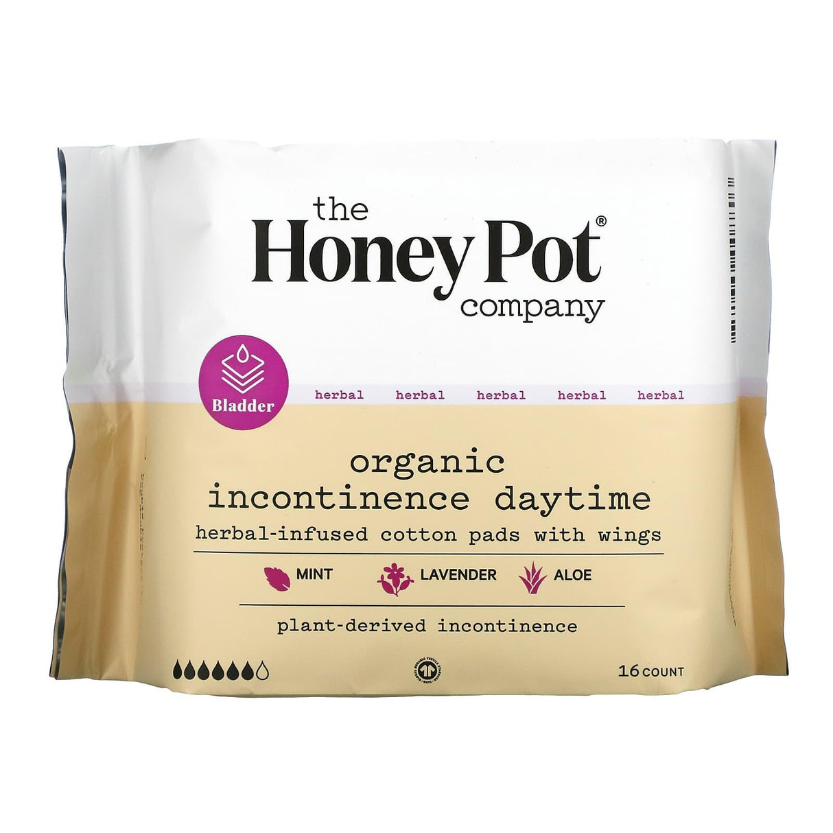 The Honey Pot Company, Herbal-Infused Cotton Pads With Wings, Organic Incontinence Daytime , 16 Count