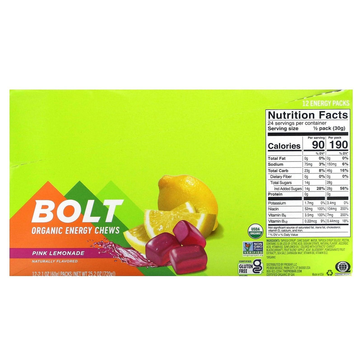 ProBar, Bolt, Organic Energy Chews, Pink Lemonade, 12 Packs, 2.1 oz (60 g) Each - Supply Center USA