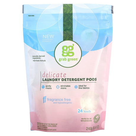 Grab Green, Delicate Laundry Detergent Pods, Fragrance Free, 24 Loads, 8.4 oz (240 g) - Supply Center USA