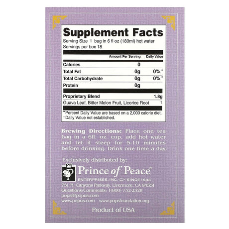 Prince of Peace, Herbal Tea, Blood Sugar, 18 Tea Bags, 1.14 oz (32.4 g) - Supply Center USA