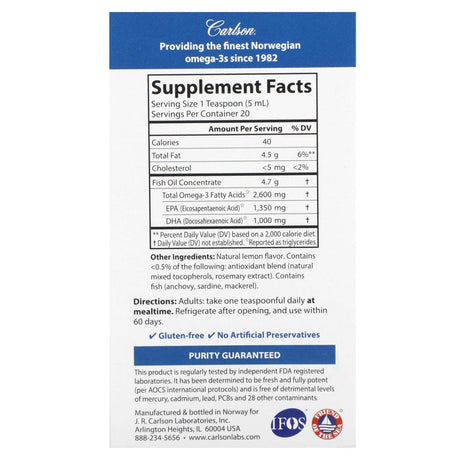 Carlson, Super Omega-3, Natural Lemon, 2600 mg, 3.3 fl oz (100 ml) - Supply Center USA