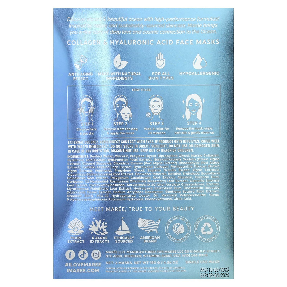 Maree, Marine Collagen Beauty Facial Mask, 6 Masks - Supply Center USA