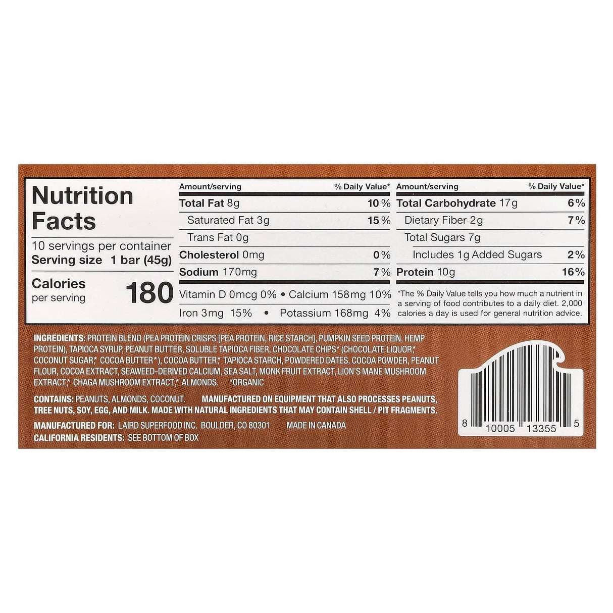 Laird Superfood, Superfood Protein Bar + Adaptogens, Double Chocolate Peanut Butter , 10 Bars, 1.6 oz (45 g) Each - Supply Center USA