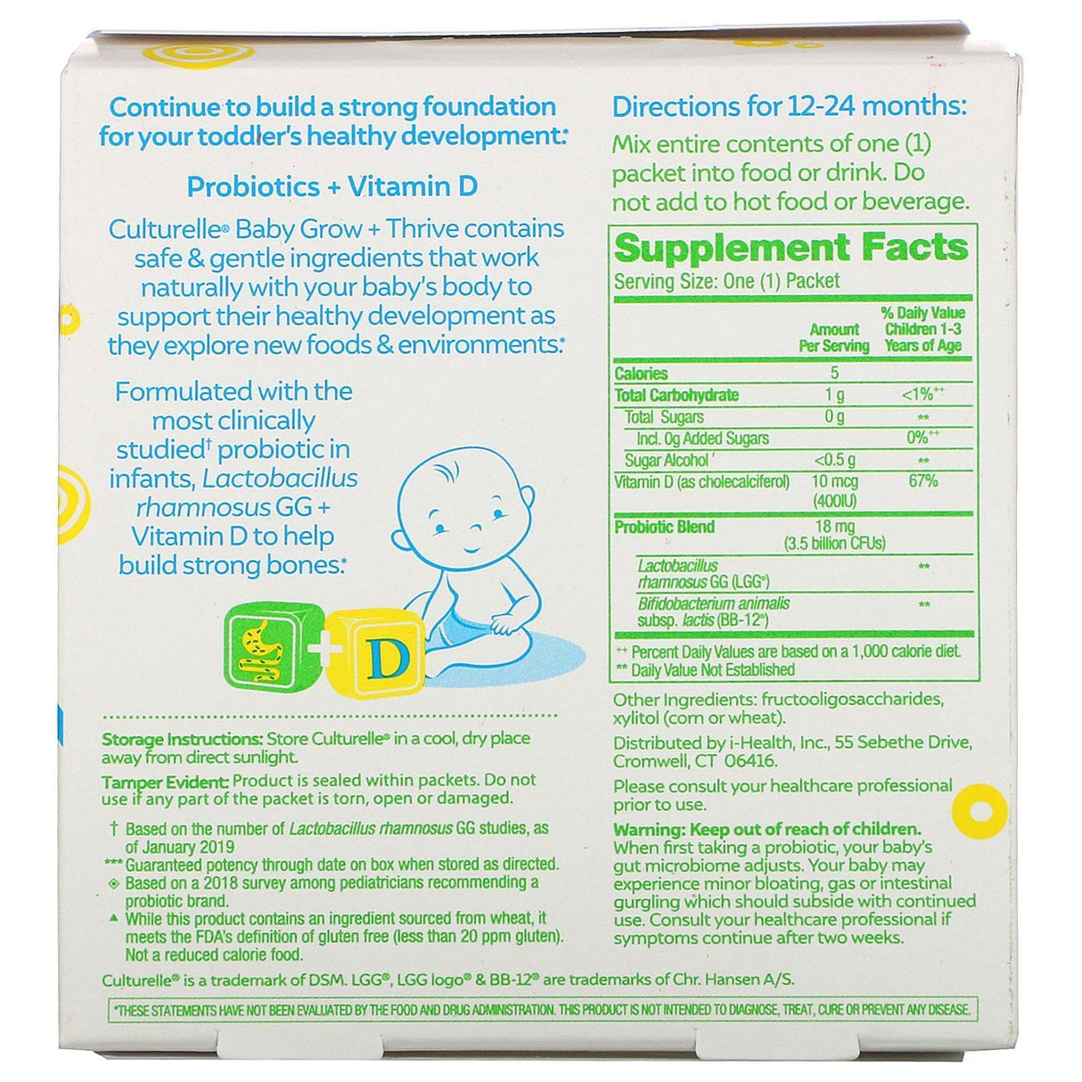 Culturelle, Probiotics, Baby, Grow + Thrive, Probiotics + Vitamin D Packets, 12-24 Months, Unflavored, 30 Single Serve Packets - Supply Center USA