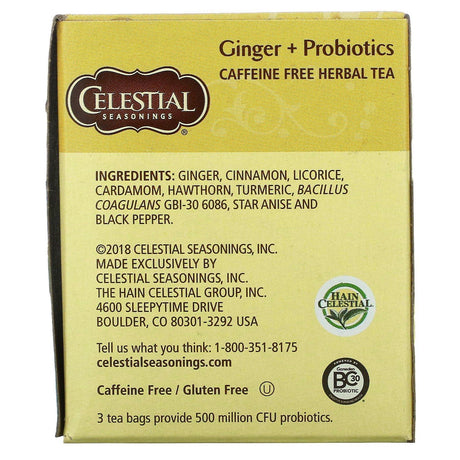 Celestial Seasonings, Herbal Tea, Ginger + Probiotics, Caffeine Free, 20 Tea Bags, 1.1 oz (31 g) - Supply Center USA