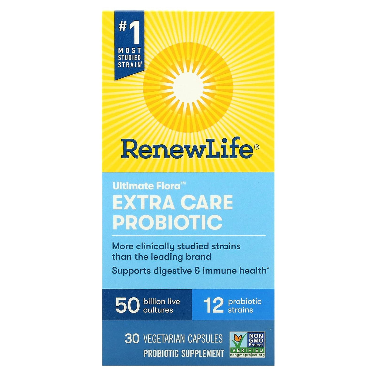 Renew Life, Ultimate Flora Extra Care Probiotic, 50 Billion Live Cultures, 30 Vegetarian Capsules - Supply Center USA