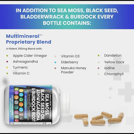 Sea Moss 3000Mg Black Seed Oil 2000Mg Ashwagandha 1000Mg Turmeric 1000Mg Bladderwrack 1000Mg Burdock 1000Mg & Vitamin C & D3 with Elderberry Manuka Dandelion Yellow Dock Iodine Chlorophyll ACV - Supply Center USA