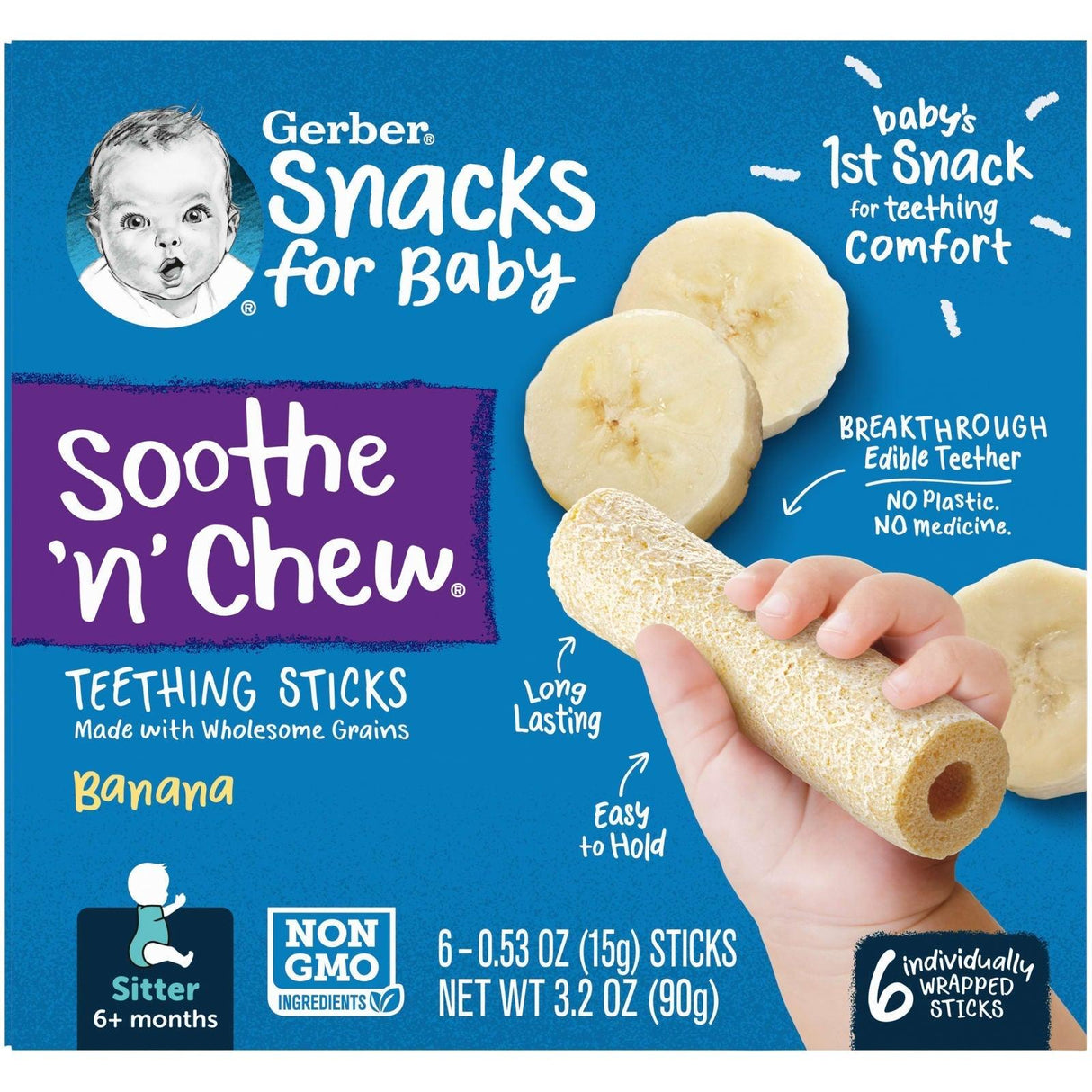 Gerber, Snacks for Baby, Soothe 'N' Chew, Teething Sticks, 6+ Months, Banana, 6 Individually Wrapped Sticks, 0.53 oz (15 g) Each - Supply Center USA