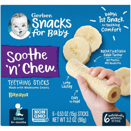 Gerber, Snacks for Baby, Soothe 'N' Chew, Teething Sticks, 6+ Months, Banana, 6 Individually Wrapped Sticks, 0.53 oz (15 g) Each - Supply Center USA