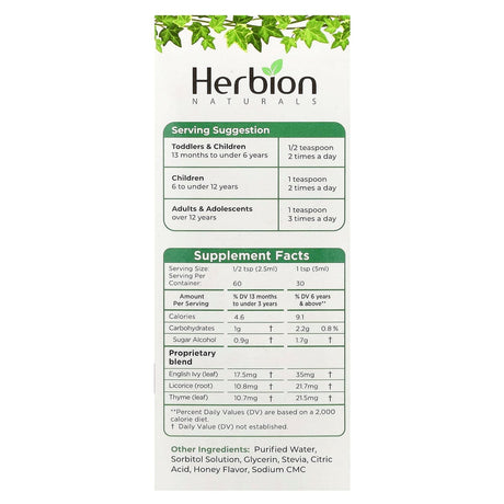 Herbion Naturals, Naturals, Ivy Leaf Cough Syrup With Thyme & Licorice, Sugar Free, 5 fl oz (150 ml) - Supply Center USA