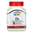 21st Century, Vitamin D3, 250 mcg (10,000 IU), 110 Tablets - Supply Center USA