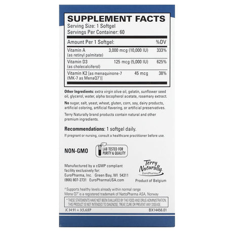 Terry Naturally, Vitamin A, D3, K2, 60 Softgels - Supply Center USA