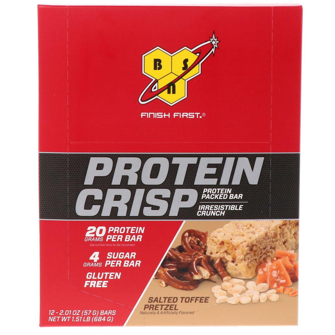 BSN, Protein Crisp, Packed Protein Bar, Salted Toffee Pretzel, 12 Bars, 2.01 oz (57 g) - HealthCentralUSA