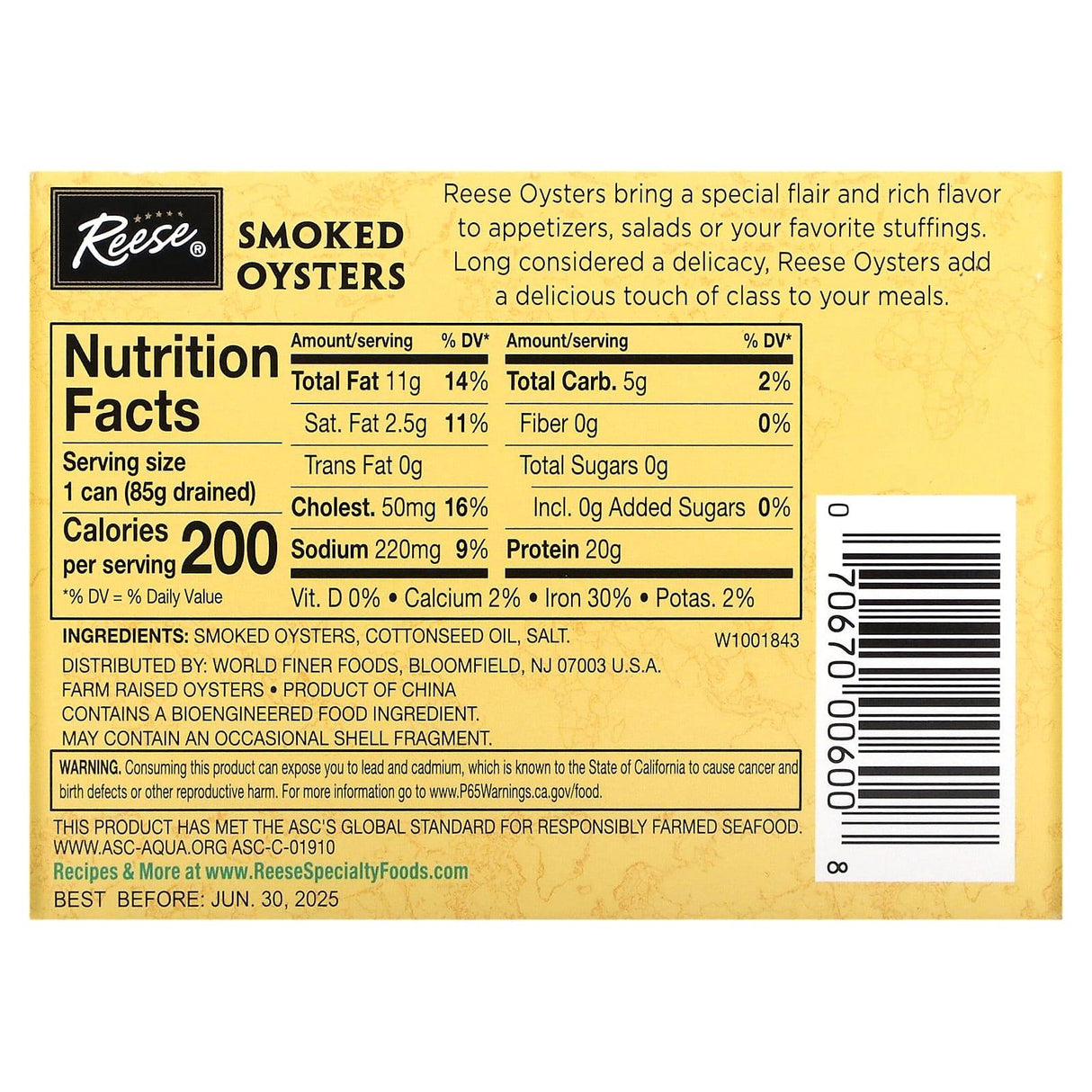 Reese, Medium Smoked Oysters, 3.70 oz (105 g) - Supply Center USA