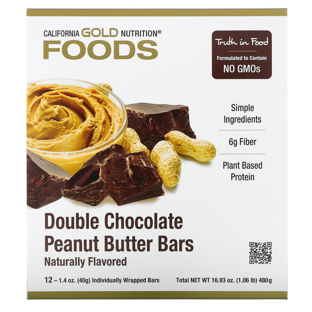 California Gold Nutrition, Foods, Double Chocolate Peanut Butter Flavor Bars, 12 Bars, 1.4 oz (40 g) Each - Supply Center USA