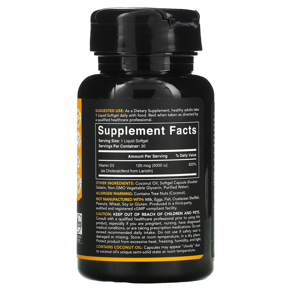 Sports Research, Vitamin D3 with Coconut Oil, 125 mcg (5,000 IU), 30 Softgels - HealthCentralUSA