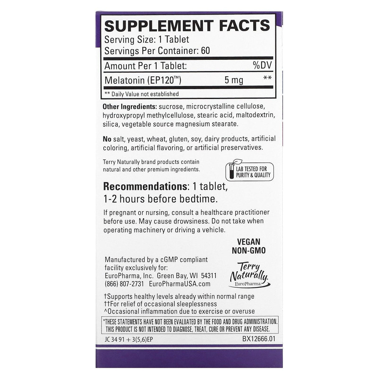 Terry Naturally, Melatonin EP120, 5 mg, 60 Vegan Tablets - Supply Center USA