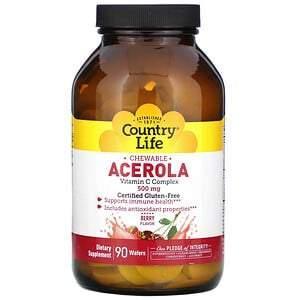 Country Life, Chewable Acerola, Vitamin C Complex, Berry, 500 mg, 90 Wafers - Supply Center USA