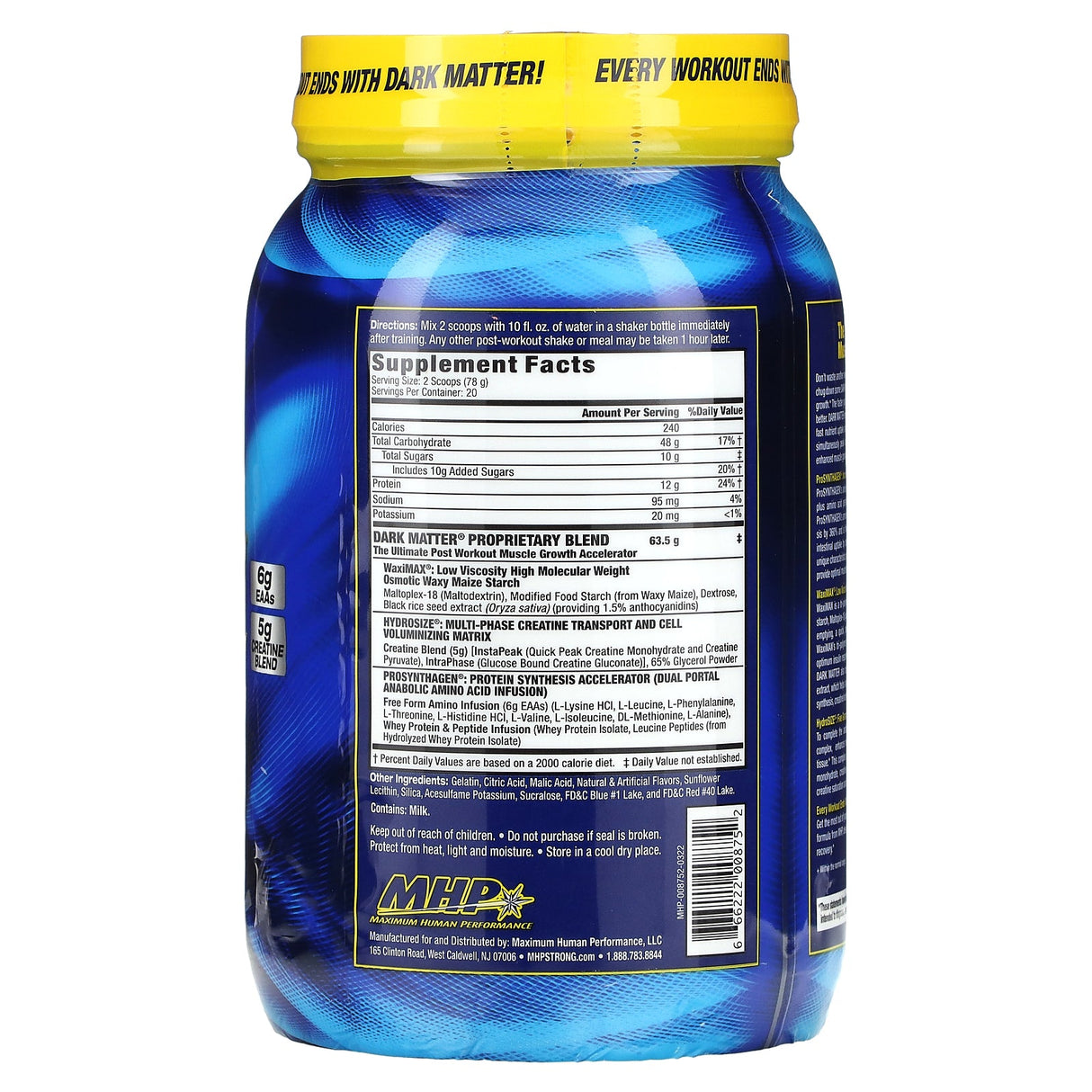 MHP, DARK MATTER, Post-Workout Muscle Growth Accelerator, Blue Raspberry, 3.44 lbs (1,560 g) - Supply Center USA