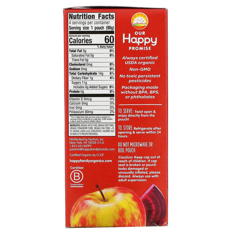 Happy Family Organics, Happy Kid, Organic Apple, Beet, Strawberry & Kiwi, 4 Pouches, 3.17 oz (90 g) Each - Supply Center USA