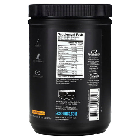 EFX Sports, Training Ground, PRE, Orange Mango, 1 lb 1.64 oz (500 g) - Supply Center USA