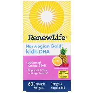 Renew Life, Norwegian Gold, Kids DHA, Fruit Punch Flavor, 200 mg, 60 Chewable Softgels - Supply Center USA