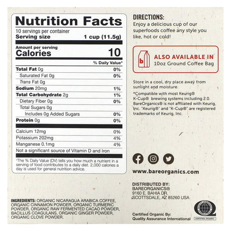 BareOrganics, Cardio Care, Coffee with Superfoods, Medium Roast, 10 Cups, 0.41 oz (11.5 g) Each - Supply Center USA