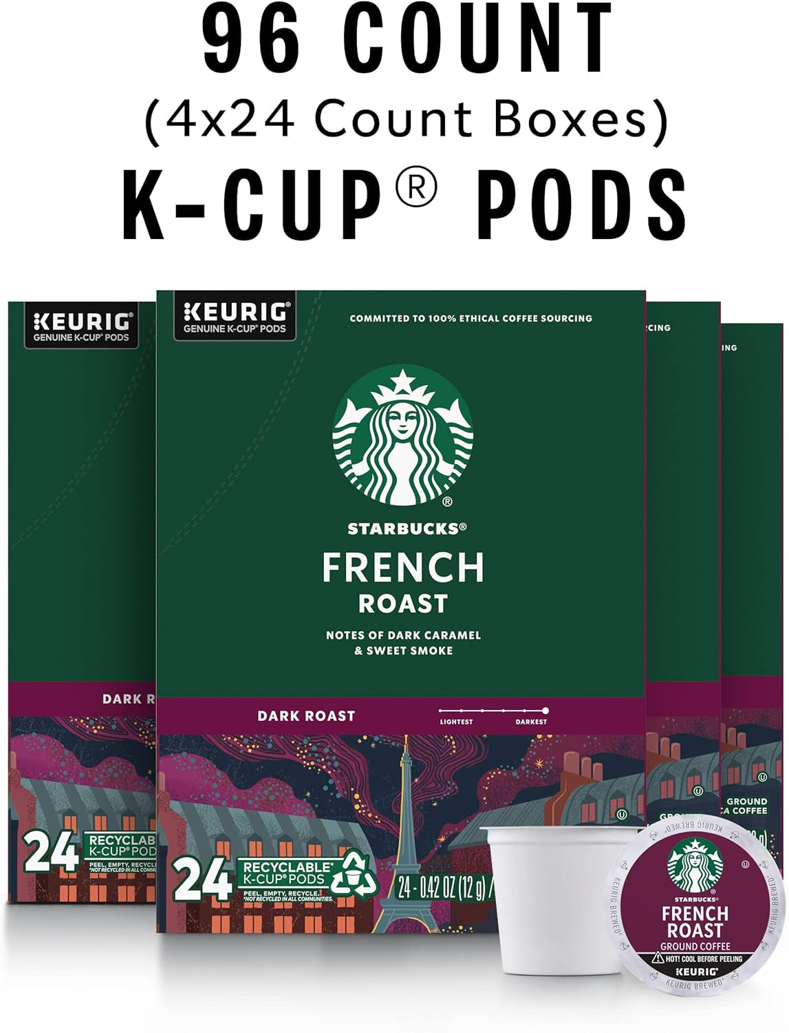 Starbucks K-Cup Coffee Pods, Dark Roast Coffee, French Roast for Keurig Brewers, 100% Arabica, 4 Boxes (96 Pods Total)