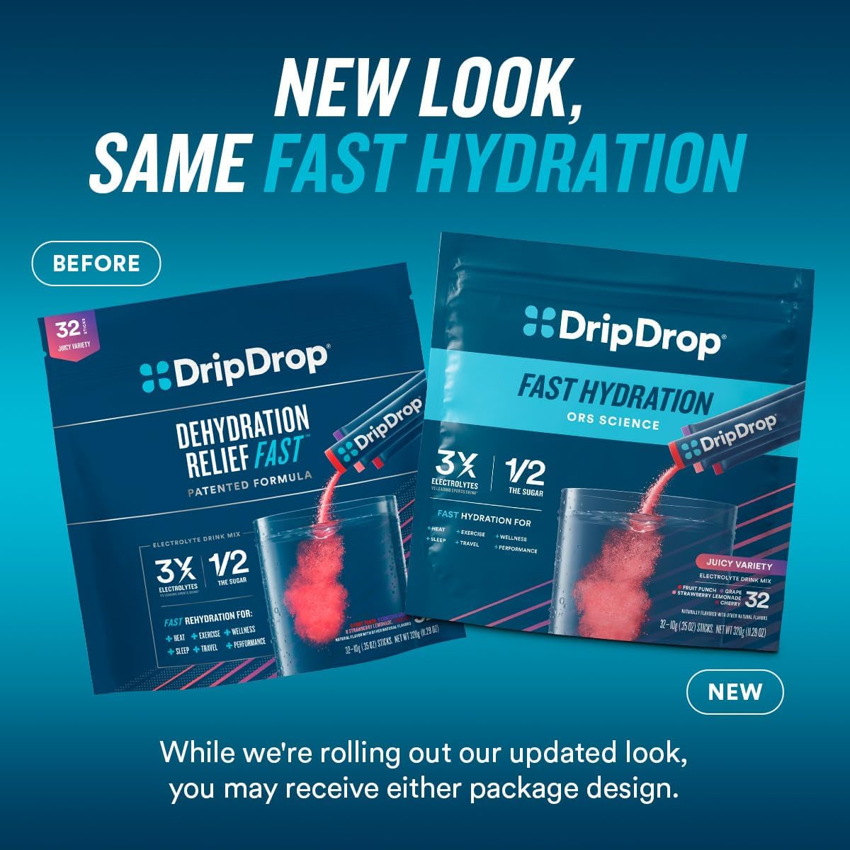 Dripdrop Hydration Juicy Variety Pack Electrolyte Drink Mix Single-Serve Powder Packets- Grape, Fruit Punch, Strawberry Lemonade, Cherry - 32 Servings
