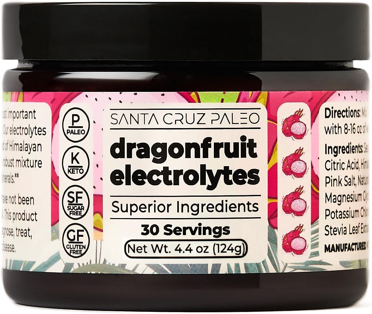 Santa Cruz Paleo Electrolytes Powder with Magnesium Glycinate, Dragonfruit, Hydration Drink Mix Made with Himalayan Pink Salt, Real Sea Salt, Gluten Free, Keto, Sugar Free, Paleo, 30 Servings, 1 Jar