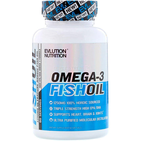 EVLution Nutrition, Omega-3 Fish Oil, Triple Strength, 60 Softgels - Supply Center USA