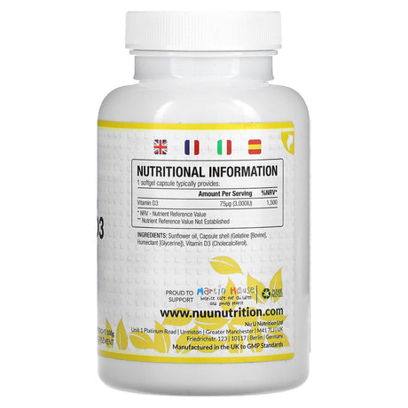 Nu U Nutrition, Max Strength Vitamin D3, 3,000 IU, 365 Softgel Capsules - Supply Center USA