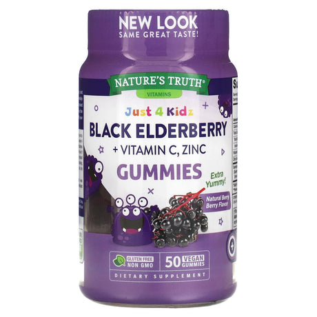 Nature's Truth, Just 4 Kids, Black Elderberry + Vitamin C, Zinc, Natural Berry Berry, 50 Vegan Gummies - Supply Center USA